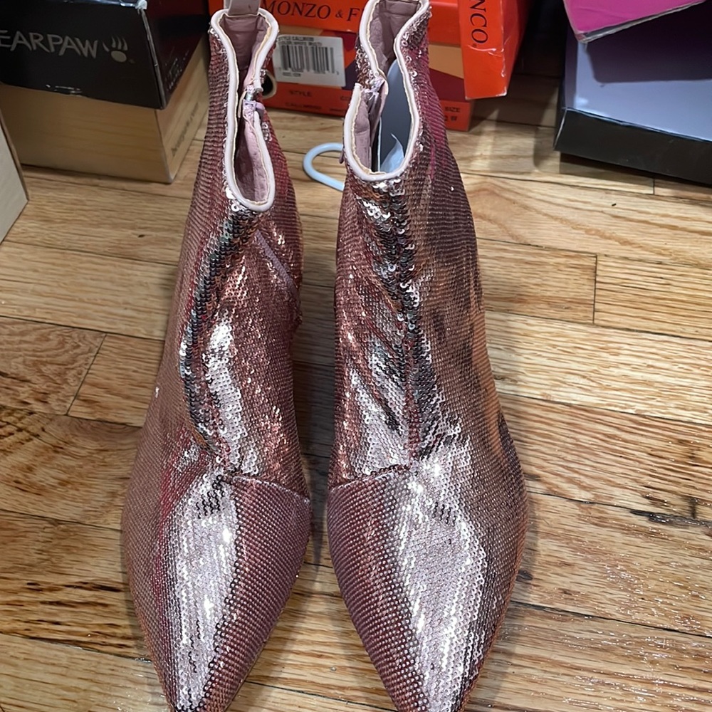 Pink Sequin Kitten Heel Booties.